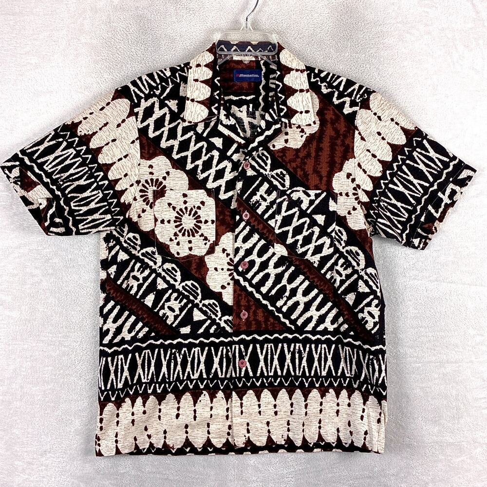 VTG Manhattan Hawaiian Shirt Men L Red Beige Polynesian Barkcloth Aloha Tiki 80s